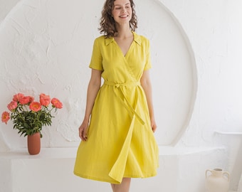 Yellow Linen Wrap Dress: KEIRA Midi A-Line Short Sleeve