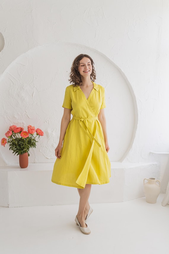 Yellow Linen Wrap Dress: KEIRA Midi A-line Short Sleeve