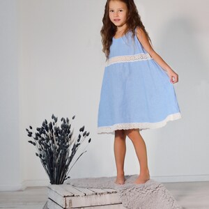 Linen Lace Dress for Girls in Blue. Kids Linen Clothing. Flower Girl Dress. Baptism Dress. Summer Linen Dress image 3