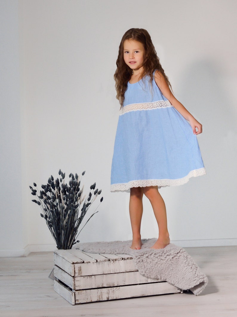 Linen Lace Dress for Girls in Blue. Kids Linen Clothing. Flower Girl Dress. Baptism Dress. Summer Linen Dress image 3