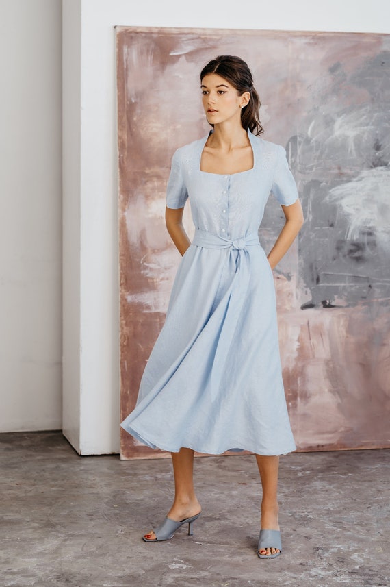 1950s Style Linen Dress GLORIA: Baltic Linen, Wide Skirt, Wedding Guest