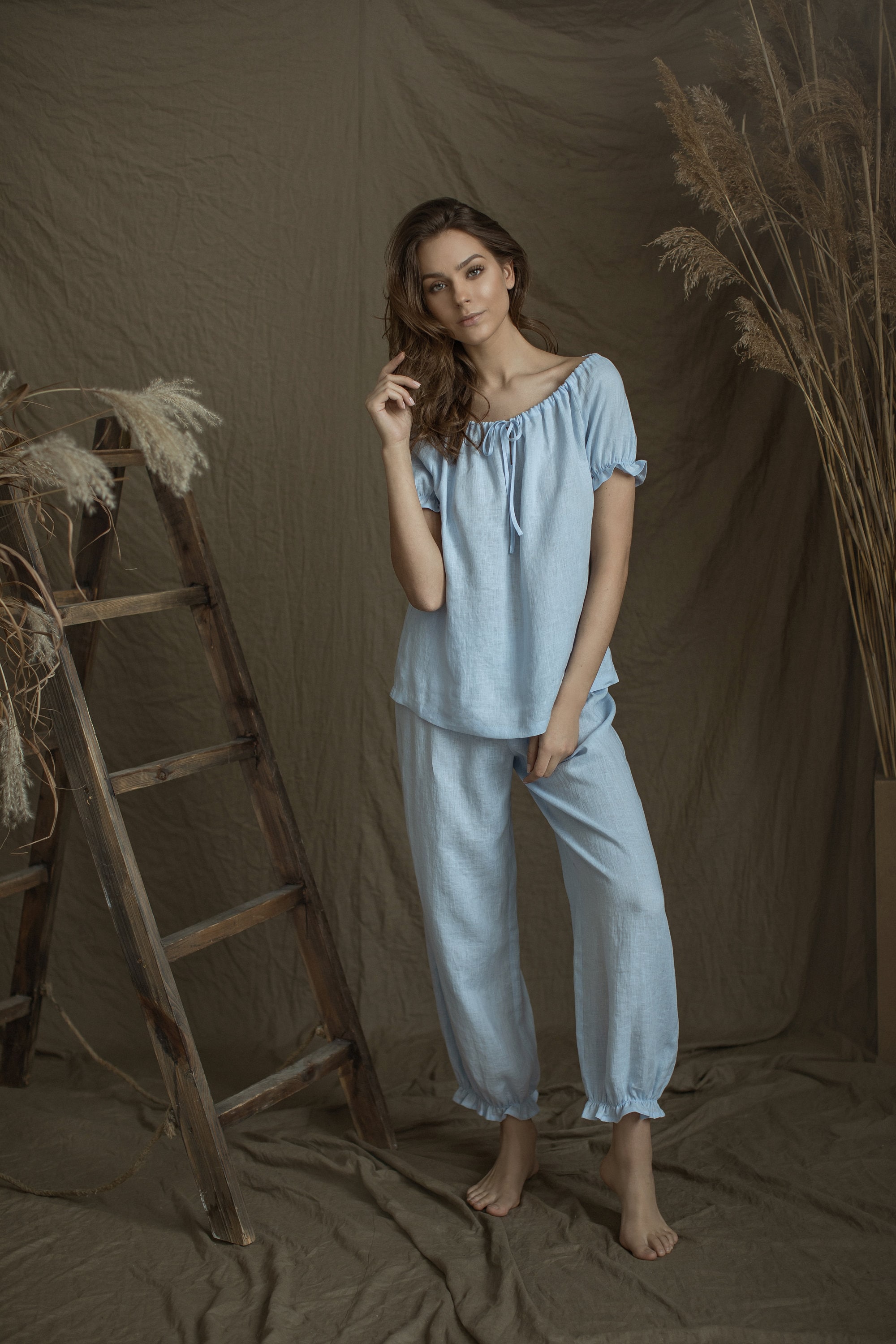Linen Pajama Set FLORA Peasant Short Sleeves Top and Long | Etsy Australia