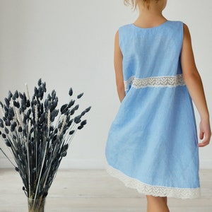 Linen Lace Dress for Girls in Blue. Kids Linen Clothing. Flower Girl Dress. Baptism Dress. Summer Linen Dress image 5