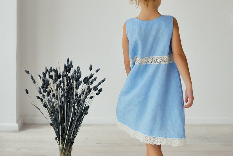 Linen Lace Dress for Girls in Blue. Kids Linen Clothing. Flower Girl Dress. Baptism Dress. Summer Linen Dress image 5