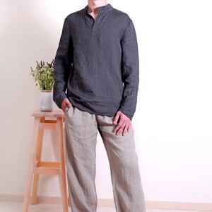 Camisa de lino para hombre ADAM – Camisa informal de cuello mandarín – Top de lino de manga larga imagen 15