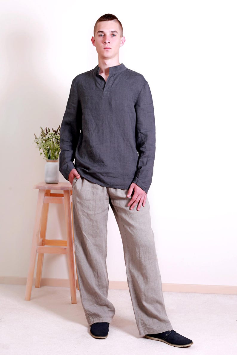Camisa de lino para hombre ADAM – Camisa informal de cuello mandarín – Top de lino de manga larga imagen 15