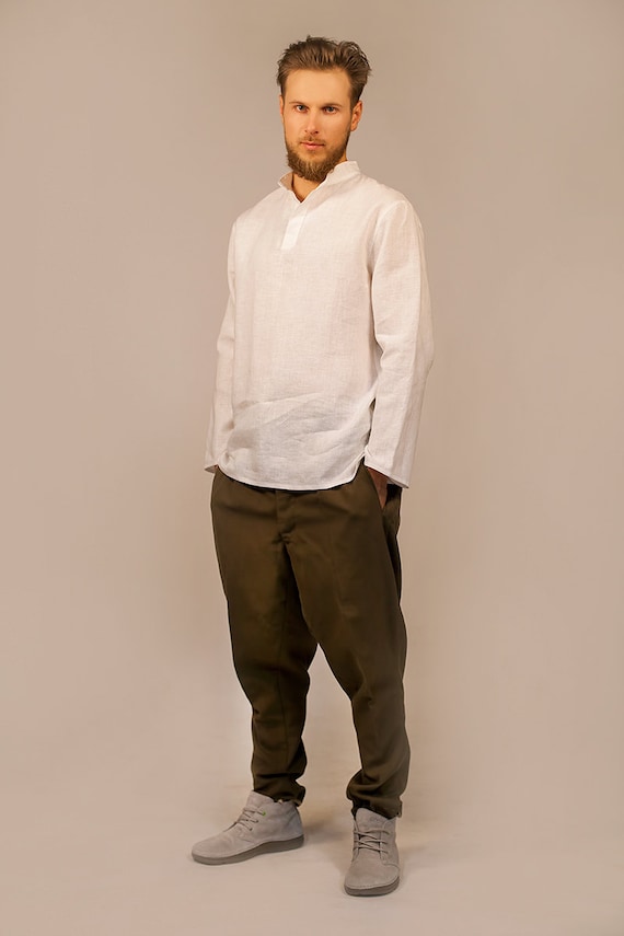 Men’s Linen Shirt ADAM– Casual Mandarin Collar Shirt – Long Sleeve Linen Top