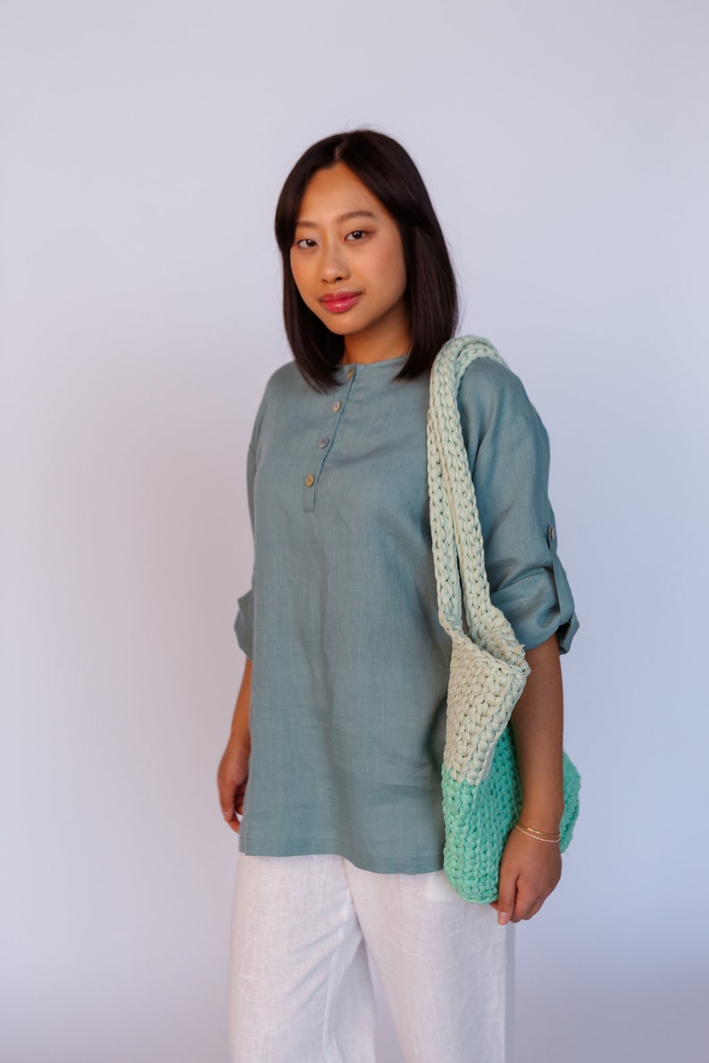 Linen shirt Helen long sleeved in azure color