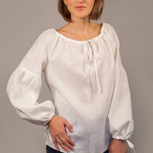 Linen Blouse Peasant in White for Woman/ Linen Oversize Blouse/ Linen Women&#39;s Shirt/ Longsleeve Blouse/ Flax Shirt/ Linen Top/ Tunic Linen