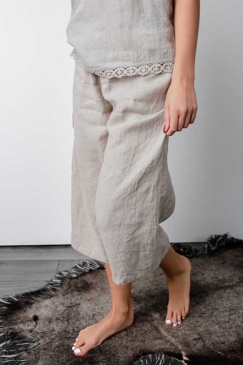 Linen natural pajama Isabella cropped pants and cami laced