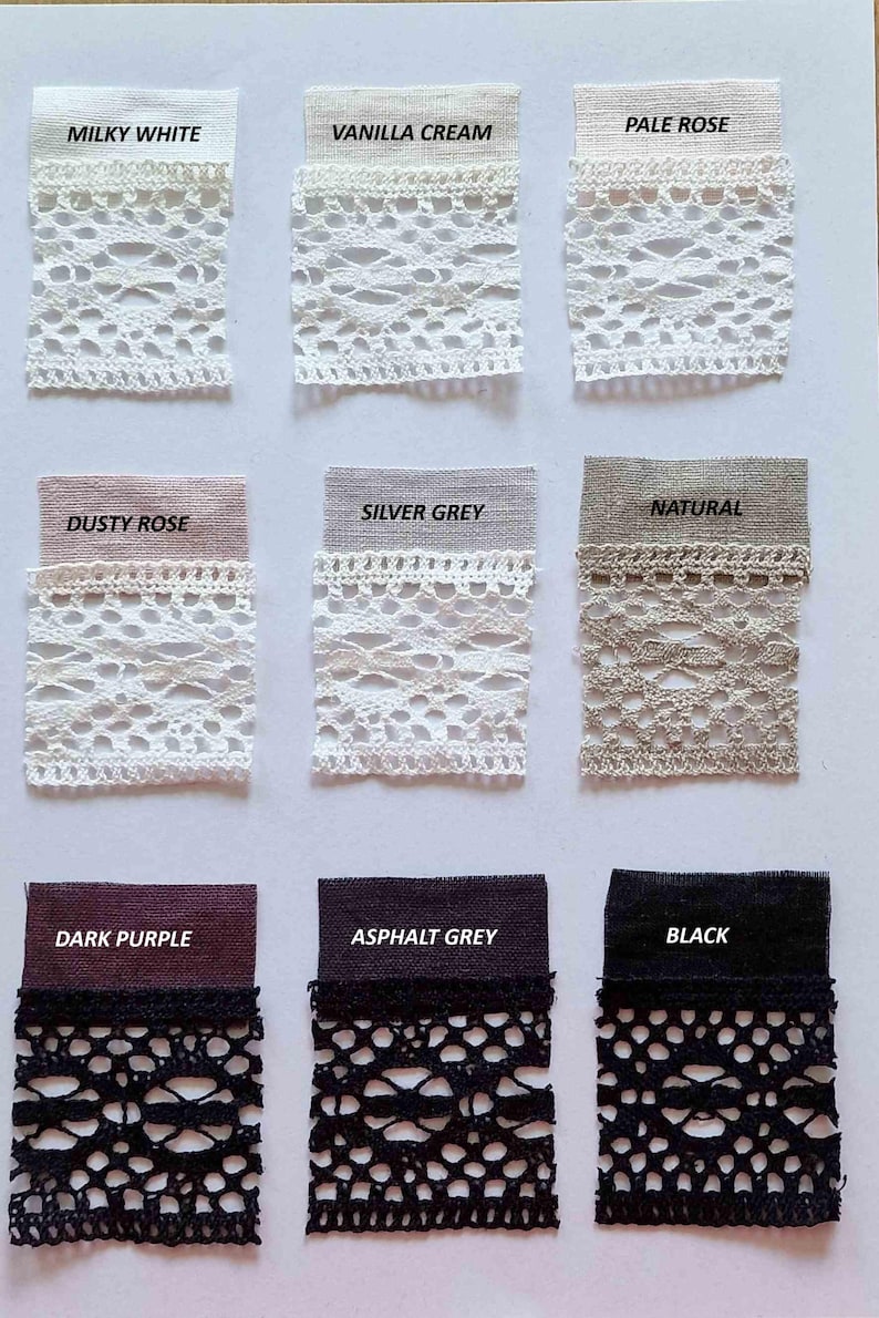 May include: A swatch card showing 10 different fabric colors with a lace trim. The colors are: Milky White, Vanilla Cream, Pale Rose, Dusty Rose, Silver Grey, Natural, Dark Purple, Asphalt Grey, and Black.