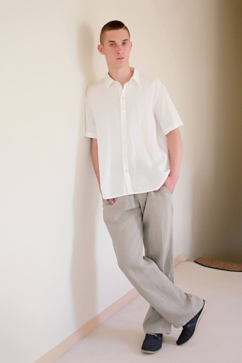 Linen White Shirt for Men/ Short Sleeve Casual Men Shirt with Buttons/ Summer Shirt/ Linen Clothing for Men image 6