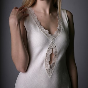 Linen night dress with lace opening in front