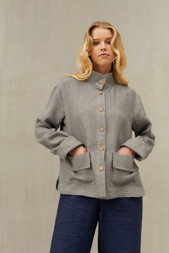 ハンドメイドつ Buy Linen Wool Blend Trapeze Jacket LUCA – High Collar, Patch