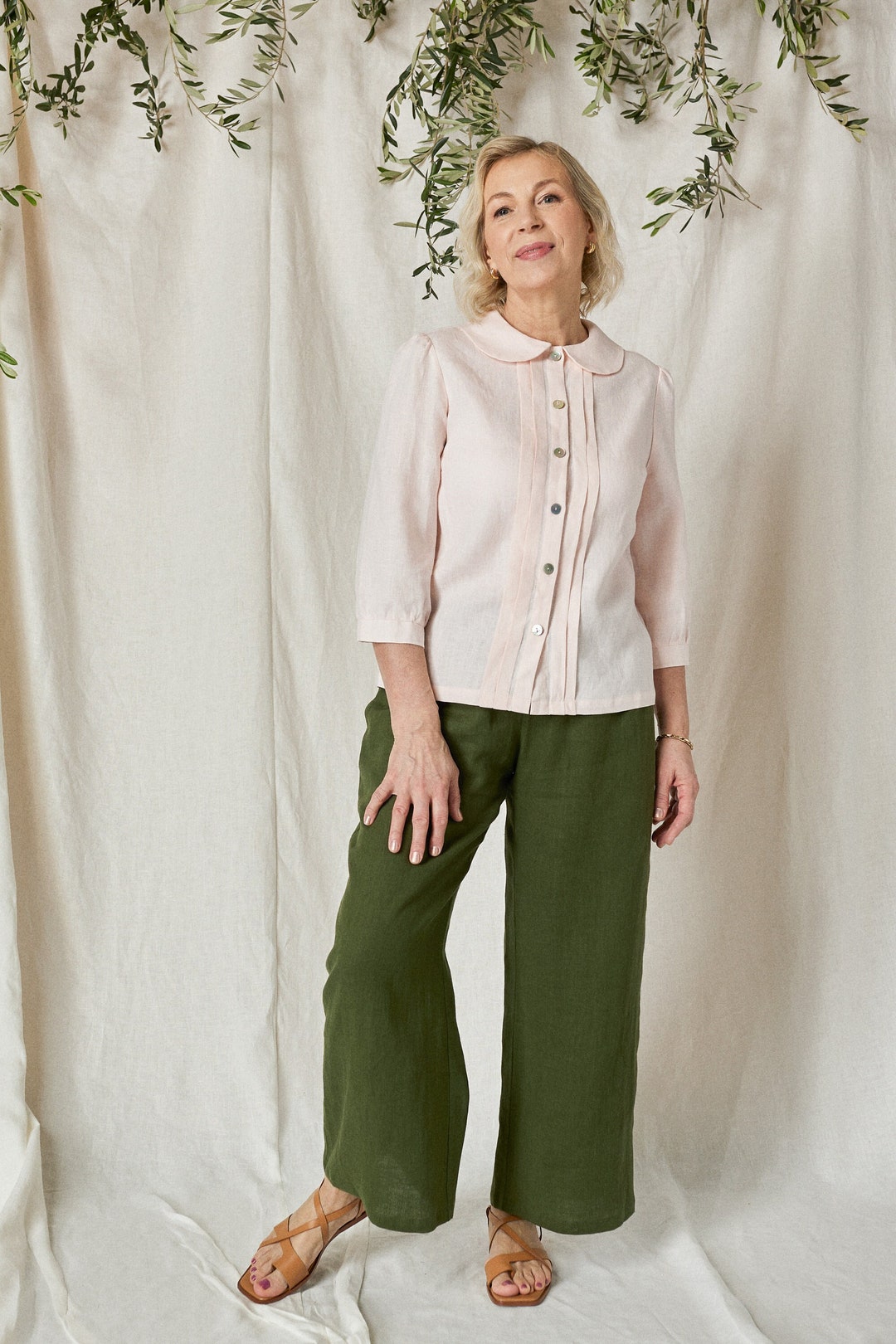 Chemise Boutonnée En Lin Pour Femme - Col Claudine Manches Courtes Avec Poche, Style Décontracté