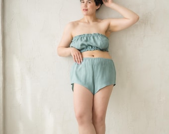 Ruffled Linen Lingerie Set: Bandeau Top & High Rise French Knickers