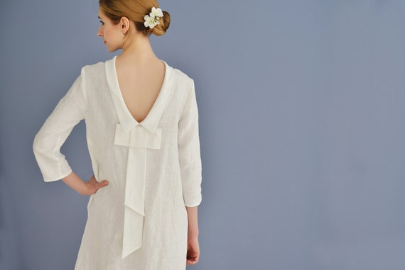 Linen Dress Allegra with Open Back/ Linen Elegant Dress with Oversize Bow/ Pus Size Dress/ Dress with Bow at Back/ Wedding Dress / Valentine