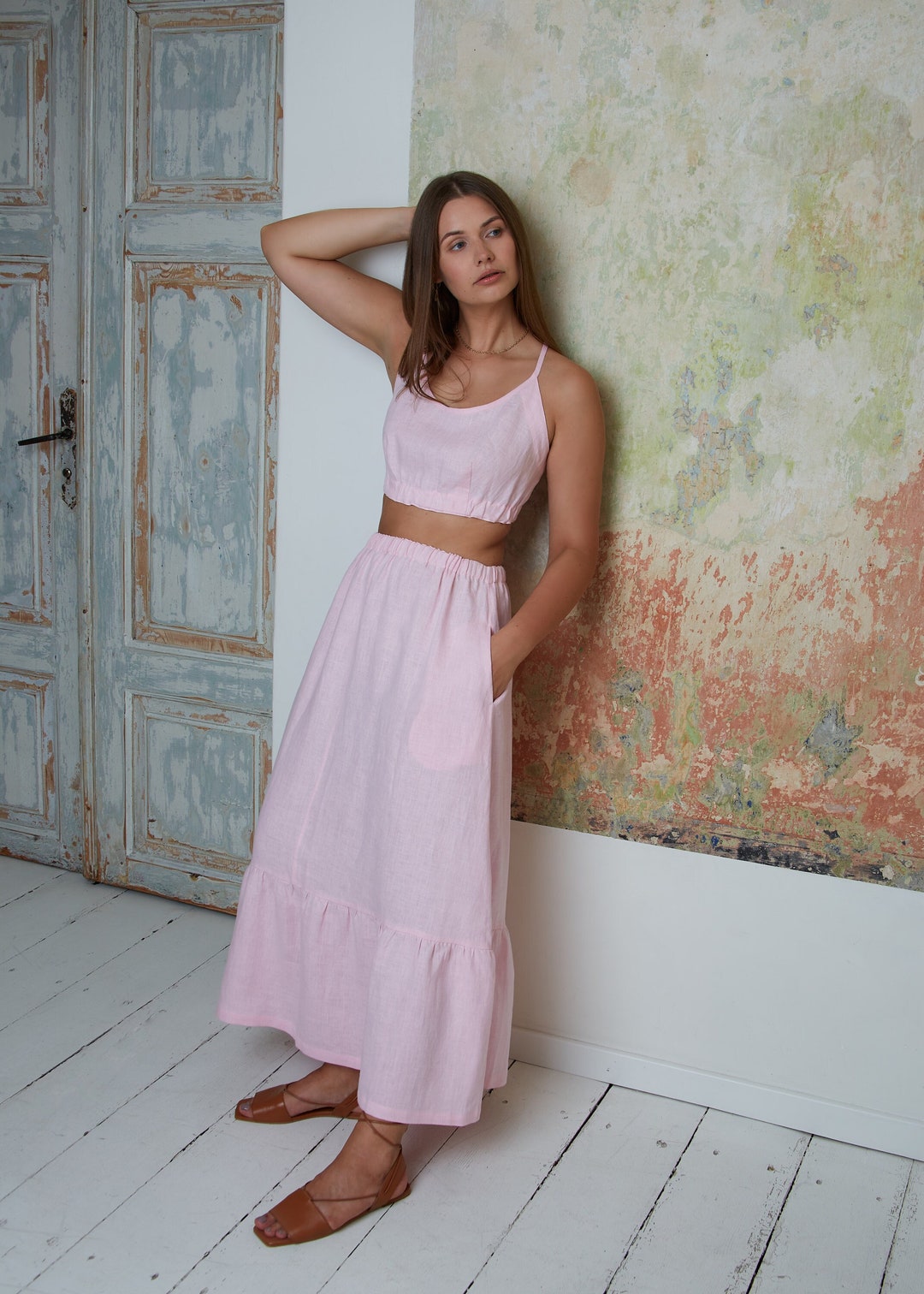 Linen Summer Set: Strapped Crop Top and Frill Skirt UK