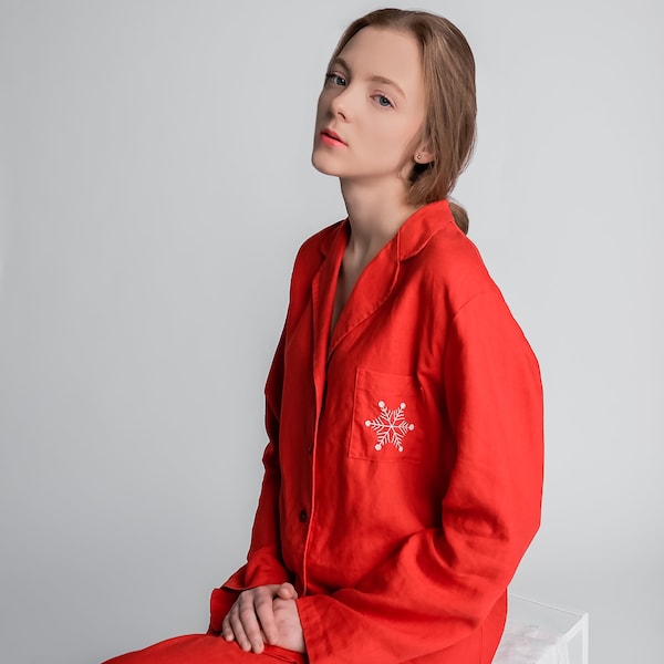 Red Linen Pajamas SNOWFLAKE for Women. Christmas Loungewear Set. Gift for Her. Sustainable Sleepwear