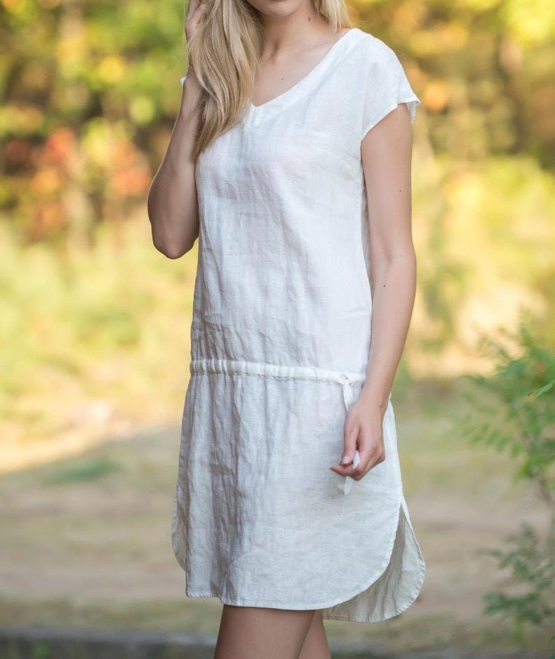 Linen Tunic Gown EDEN with Drawstringed waist/ Linen Dress Sleeveless/ Linen Tank Milky white
