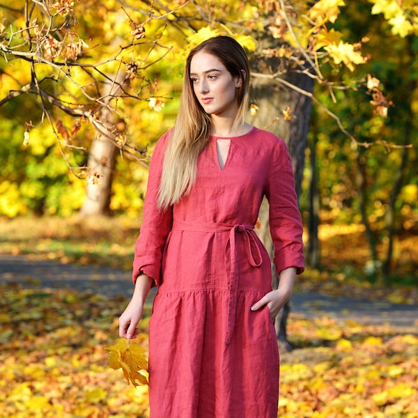 Robe longue en lin Emma, robe décontractée à manches longues, taille basse et col en goutte d'eau