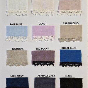 May include: Swatch card showing 12 fabric samples with different colors and lace trim. The colors are: Milky White, Pale Rose, Dusty Rose, Pale Blue, Lilac, Cappuccino, Natural, Egg Plant, Royal Blue, Dark Navy, Asphalt Grey, and Black.