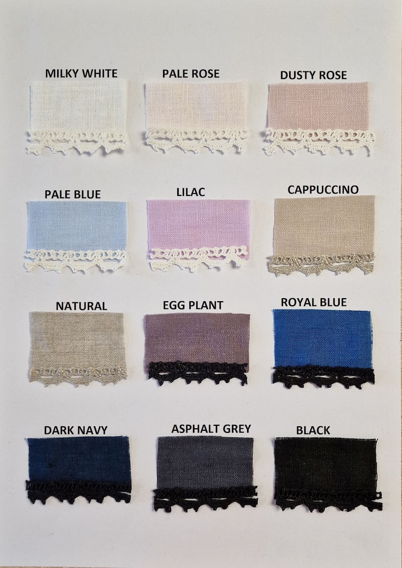 May include: Swatch card showing 12 fabric samples with different colors and lace trim. The colors are: Milky White, Pale Rose, Dusty Rose, Pale Blue, Lilac, Cappuccino, Natural, Egg Plant, Royal Blue, Dark Navy, Asphalt Grey, and Black.