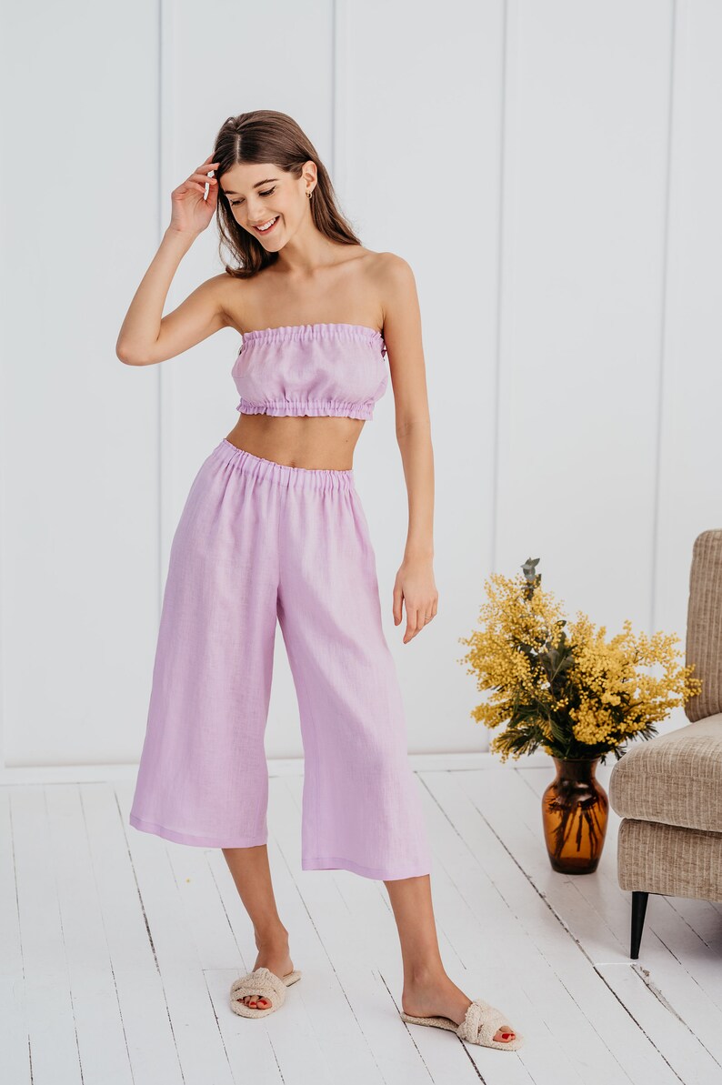 Linen wide cropped trouser Isabella in lilac