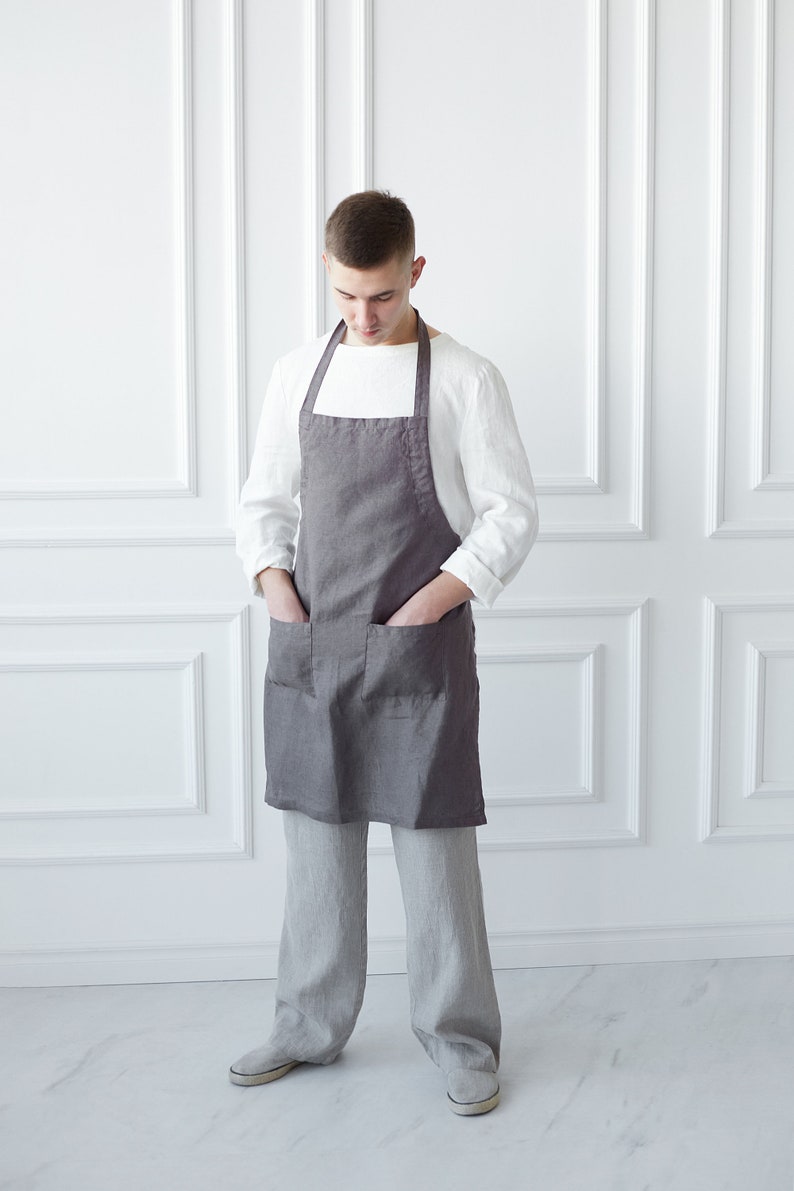 Linen Unisex Apron With Adjustable Straps. Washed Linen Apron for Cooking and Gardening. Linen Full Apron for Women and Men. Gift for Him image 4