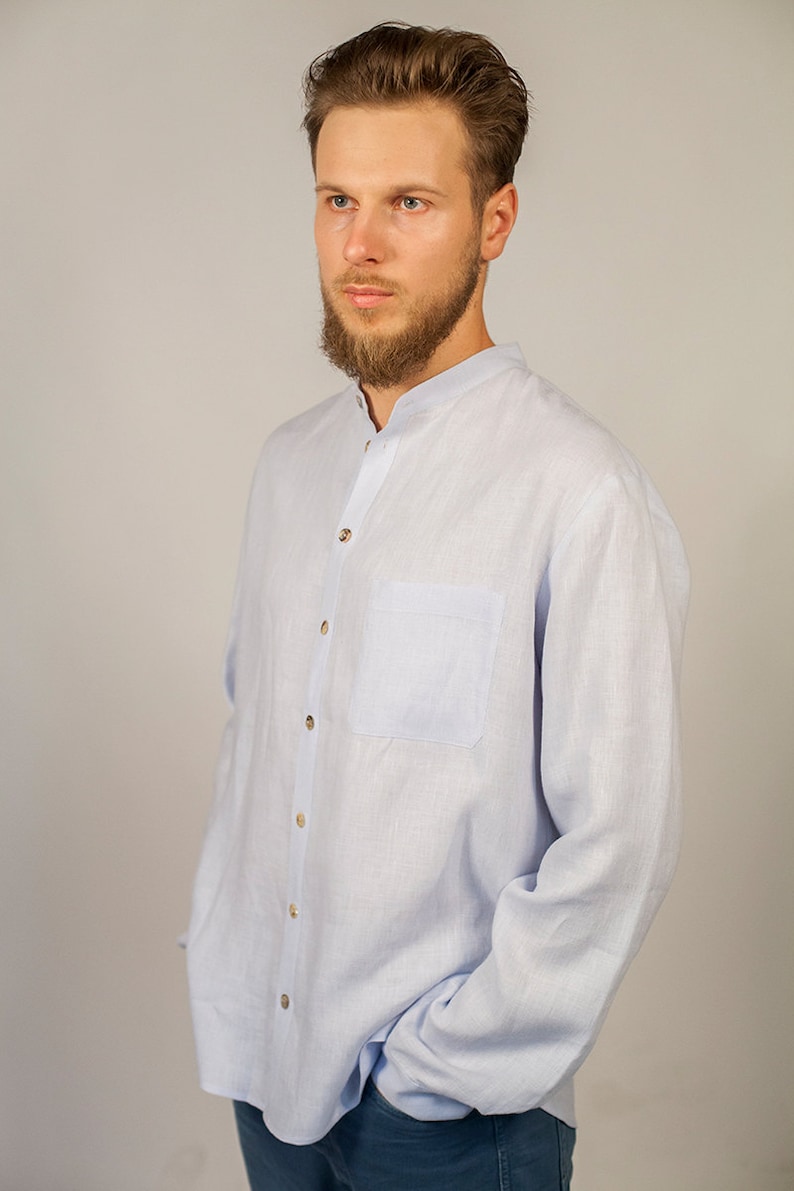 Linen shirt for men with stand and long sleeves