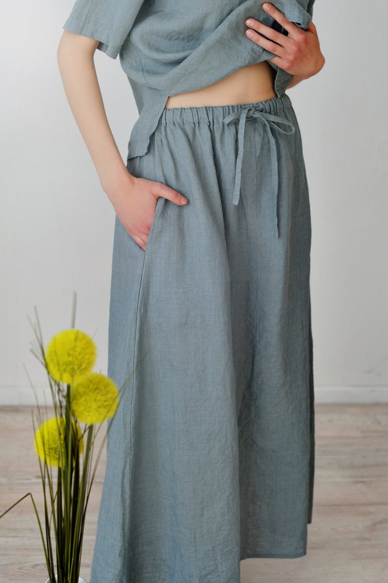 READY TO SHIP Size S/Linen Skirt Suit/Linen Long Wide Skirt and Blouse Short Sleeved in Blueish Grey Linen/ Skirt with Drawstring Waist image 3