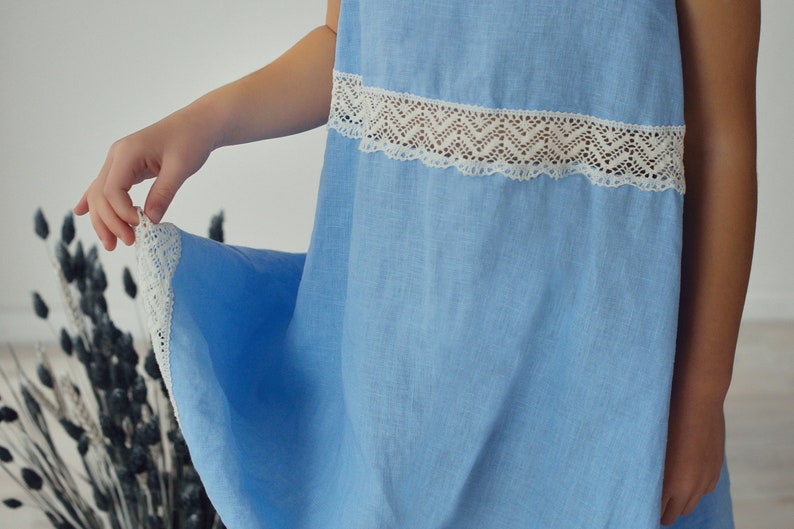 Linen Lace Dress for Girls in Blue. Kids Linen Clothing. Flower Girl Dress. Baptism Dress. Summer Linen Dress image 7