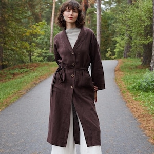 Linen Long Coat REGINA in Chocolate. Linen Fall Blazer with Pockets. Linen Oversize Jacket. Linen Trench Coat. Linen Kimono. Elegant Coat