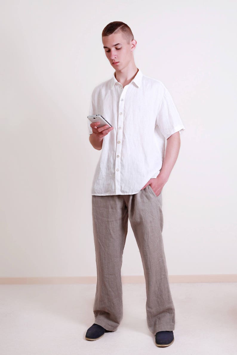 Linen White Shirt for Men/ Short Sleeve Casual Men Shirt with Buttons/ Summer Shirt/ Linen Clothing for Men image 1