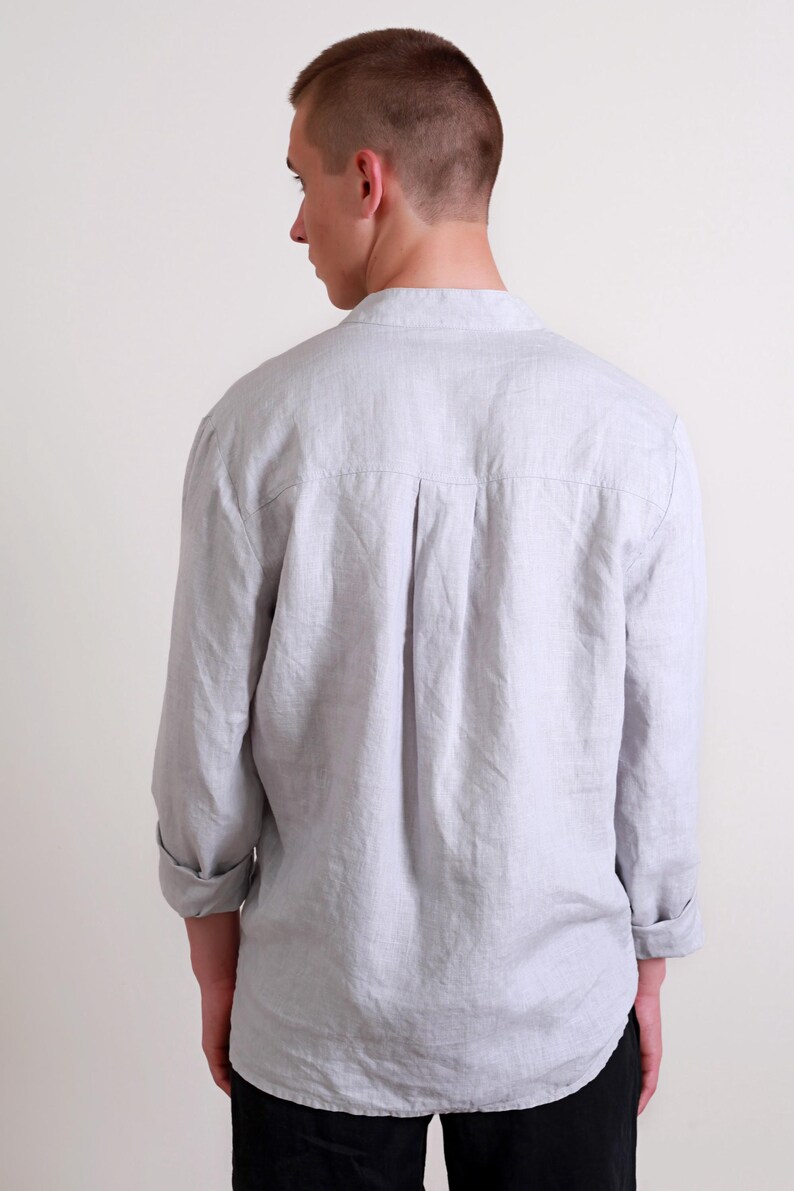 Camisa de lino para hombre ADAM – Camisa informal de cuello mandarín – Top de lino de manga larga imagen 11