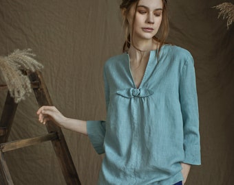 Linen Tunic ROSEMARY with Rose Decor/Linen Tank Natural/ Linen Blouse 3/4 Sleeves/ Linen Top / Linen Shirt/ Organic Tunic Linen