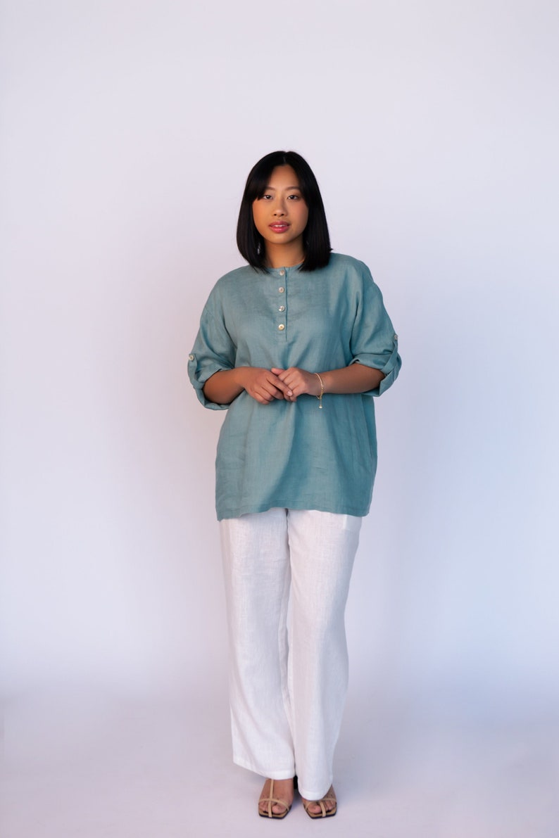 Linen oversize shirt Helen in azure color