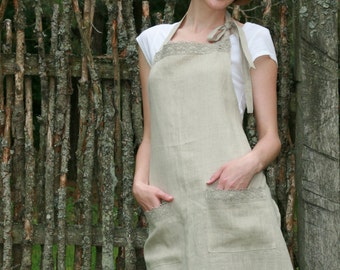 Linen Full Apron With Linen Lace/ Linen Gift For Her/ Natural Kitchen Apron/  Luxury Linen Apron