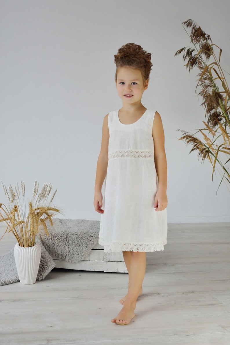 Linen Lace Dress for Girls in Blue. Kids Linen Clothing. Flower Girl Dress. Baptism Dress. Summer Linen Dress image 6