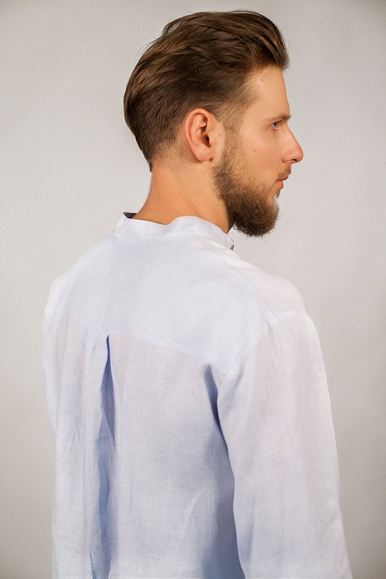 Linen loose straight fit shirt for men in pale blue