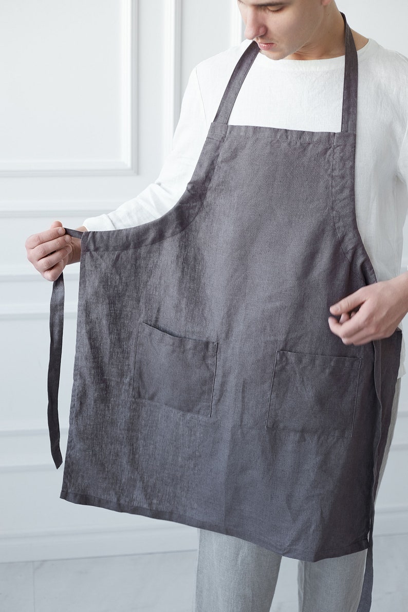 Linen Unisex Apron With Adjustable Straps. Washed Linen Apron for Cooking and Gardening. Linen Full Apron for Women and Men. Gift for Him image 6