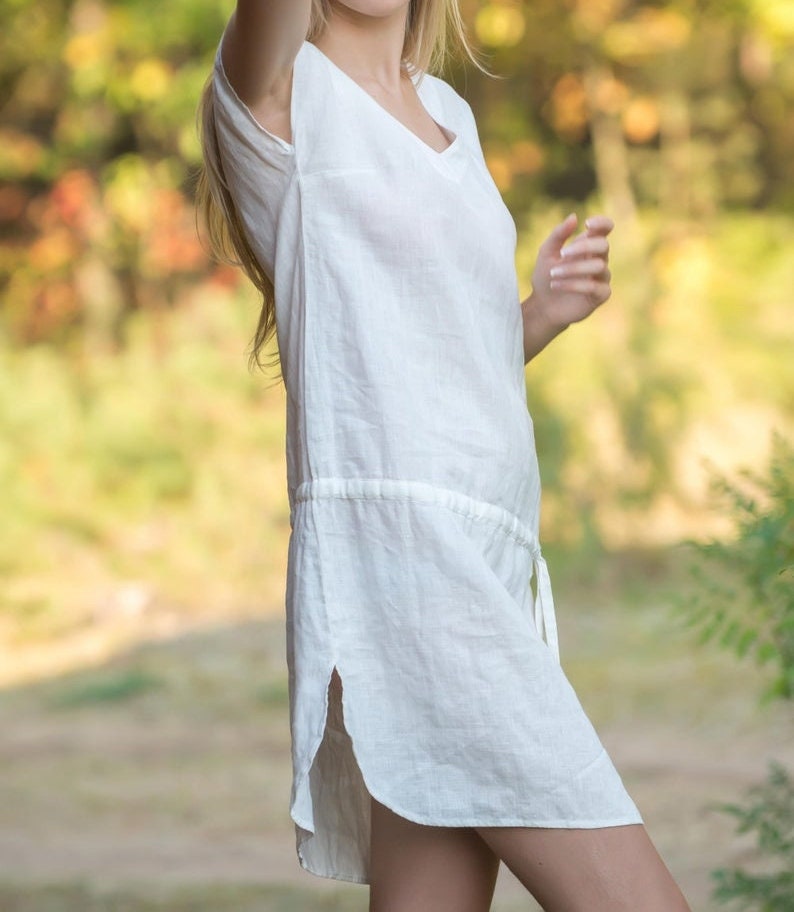 Linen Tunic Gown EDEN with Drawstringed waist/ Linen Dress Sleeveless/ Linen Tank image 2