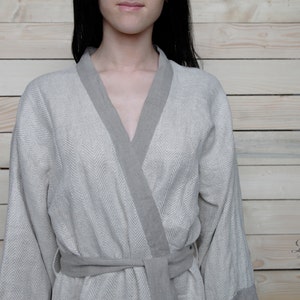 Linen kimono robe with natural binding