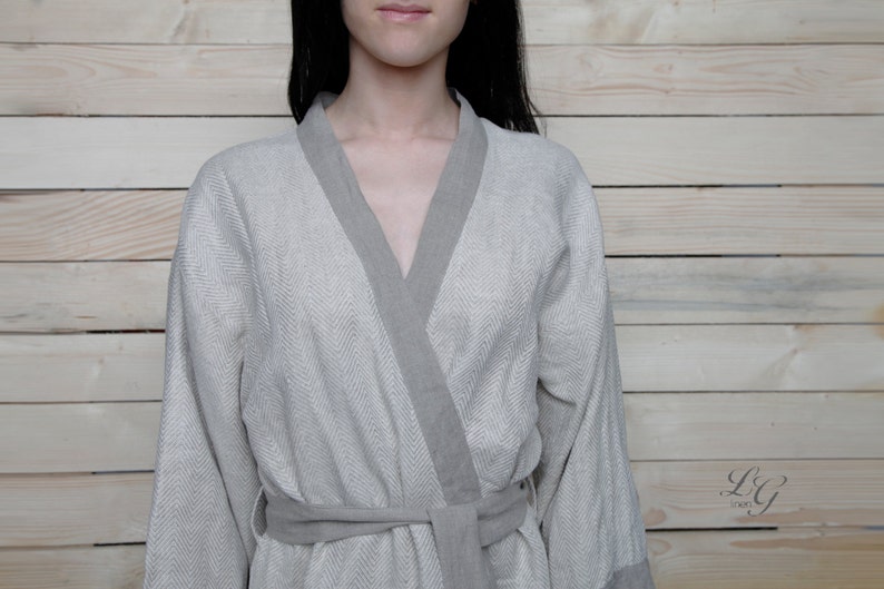 Linen kimono robe with natural binding