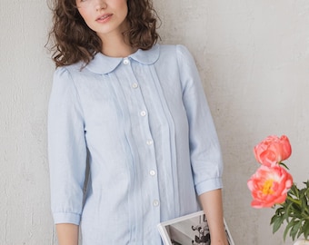 Blaue Leinenbluse mit Peter Pan Kragen/ Leinen Romantisches Hemd mit Plissee vorne/ Cottagecore Flachs Top/ Leinen Strandbluse