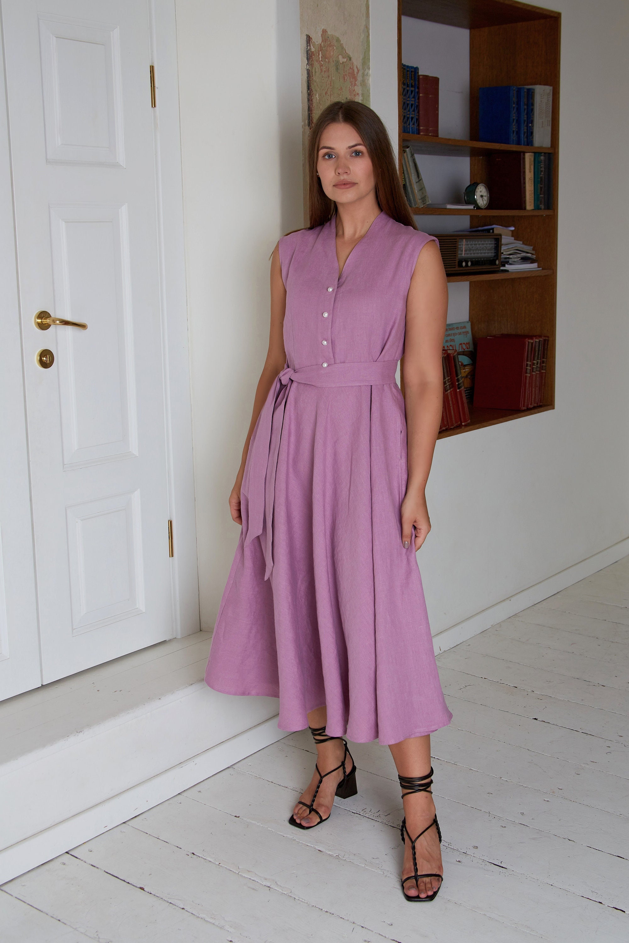 Linen Midi Dress MAGNOLIA Sleeveless with Wide skirt/ A-line Shape Elegant Linen  Dress/ 70's Style Dress/ Bridesmaids Dress