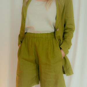 High Waisted Linen Shorts Maya/ Summer Shorts with Deep Side Pockets/ Natural Handmade Clothing for Holiday Moss green