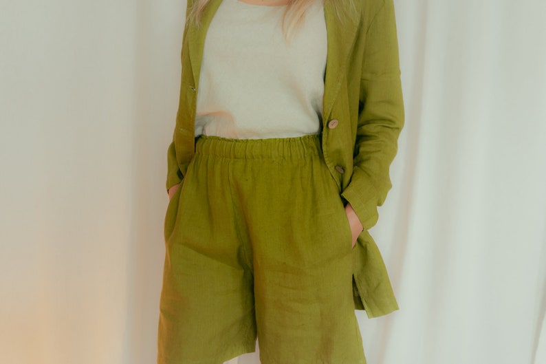 High Waisted Linen Shorts Maya/ Summer Shorts with Deep Side Pockets/ Natural Handmade Clothing for Holiday Moss green