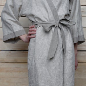 Linen bath robe Kimono in herringbone design linen