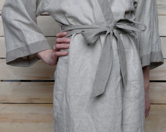 Luxury Bath Robe- KIMONO- in Herringbone Design Softest Lithuanian Linen/ Linen Gown/ Flax Robe/ SPA Robe Linen/ Eco Nightwear